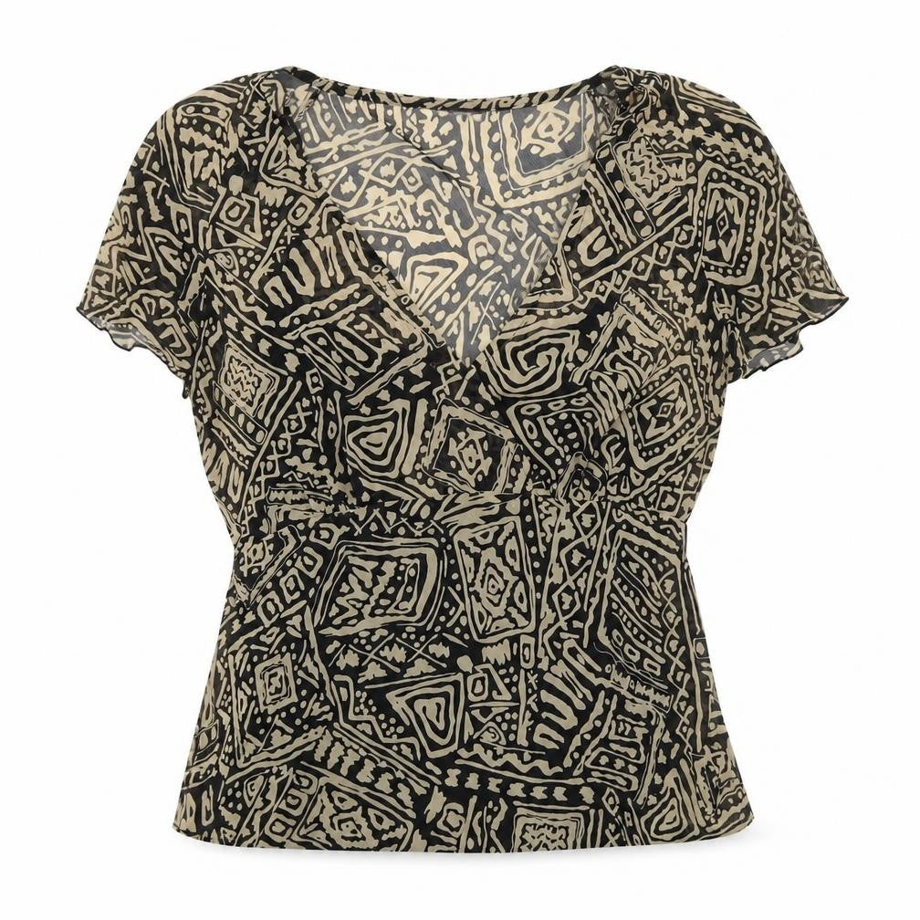 Savoir Womens Black Geometric Polyester Basic Blouse Size 16 V-Neck