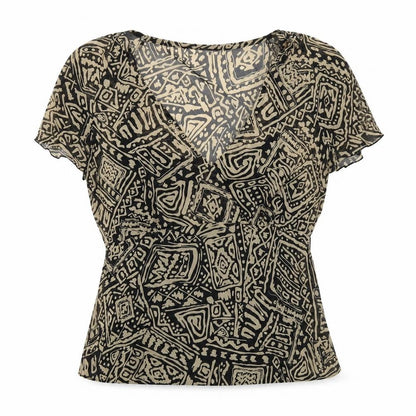 Front view of Savoir women’s black geometric polyester basic blouse, size UK 16, v-neck