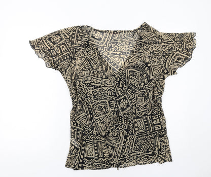Back view of Savoir women’s black geometric polyester basic blouse, size UK 16, v-neck
