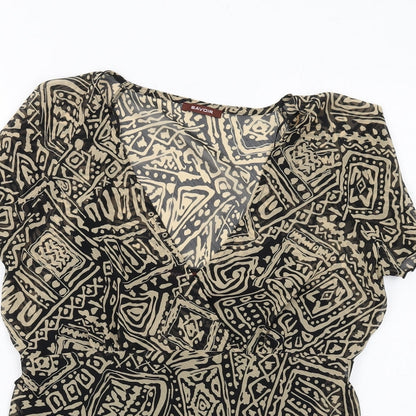 Close-up detail of Savoir women’s black geometric polyester basic blouse, size UK 16, v-neck
