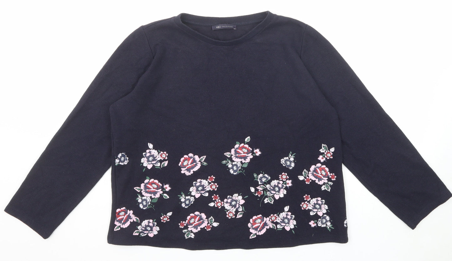 Marks and Spencer Womens Blue Round Neck Floral Polyester Pullover Jumper Size 14