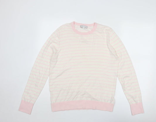 Truly Womens Beige Round Neck Striped Cotton Pullover Jumper Size M