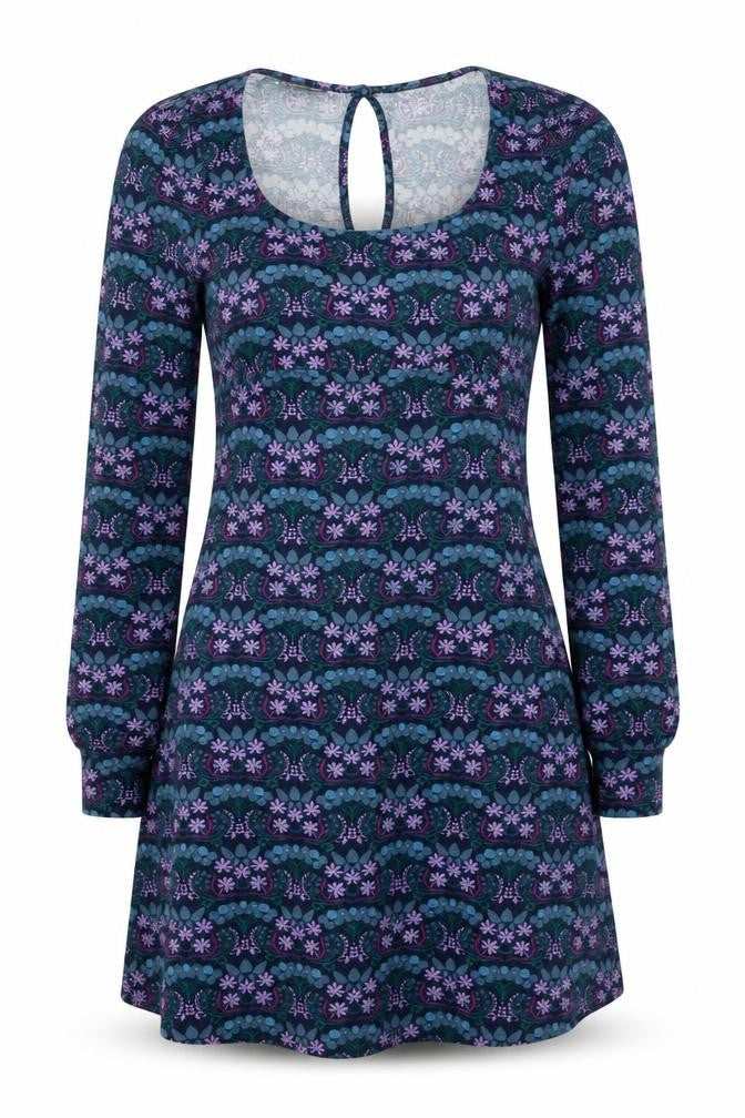 Warehouse Womens Blue Floral Viscose A-Line Size 12 Scoop Neck Pullover