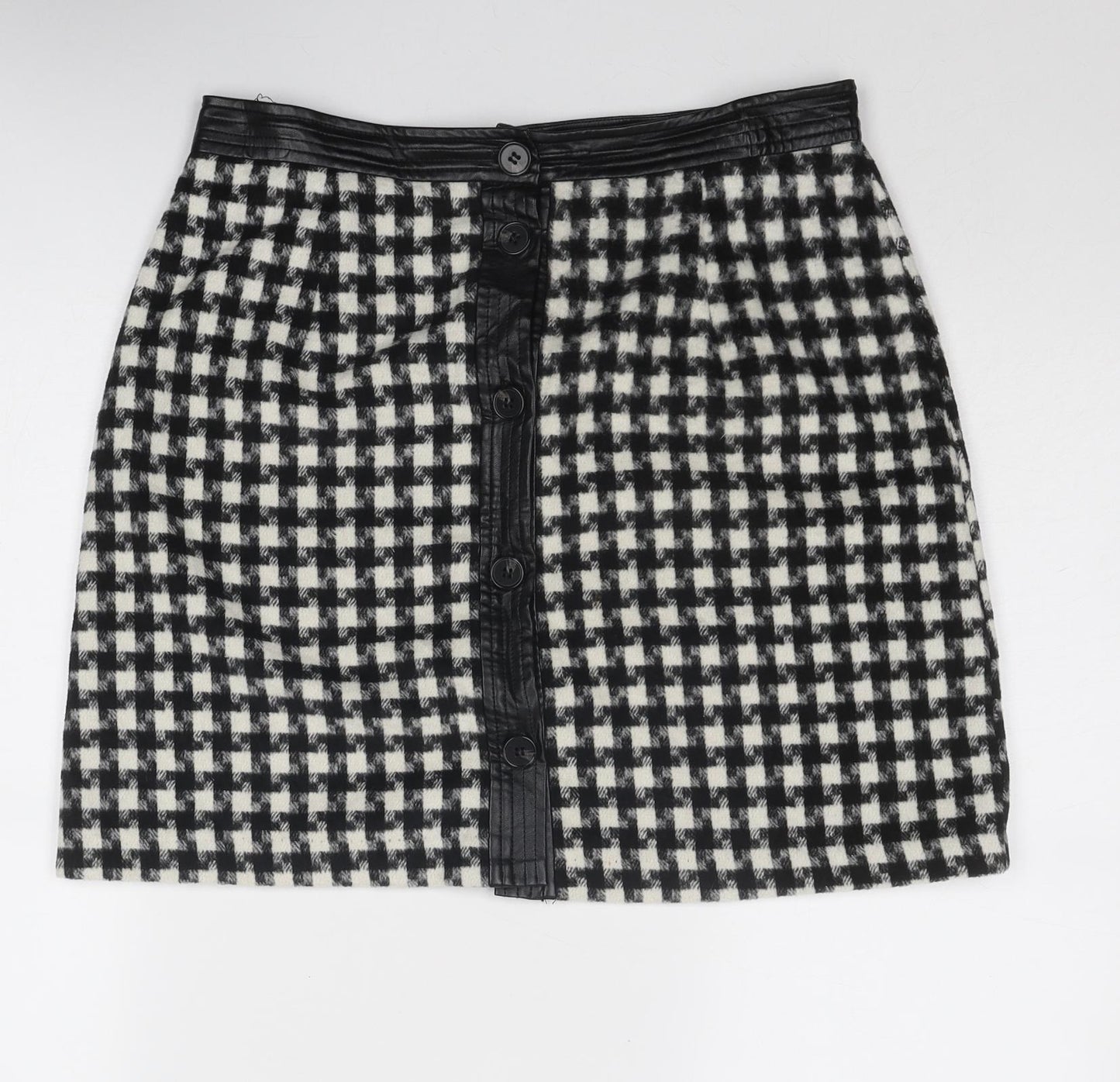 Joy Womens Black Geometric Polyester A-Line Skirt Size 12 Button