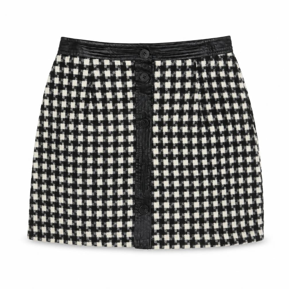 Joy Womens Black Geometric Polyester A-Line Skirt Size 12 Button