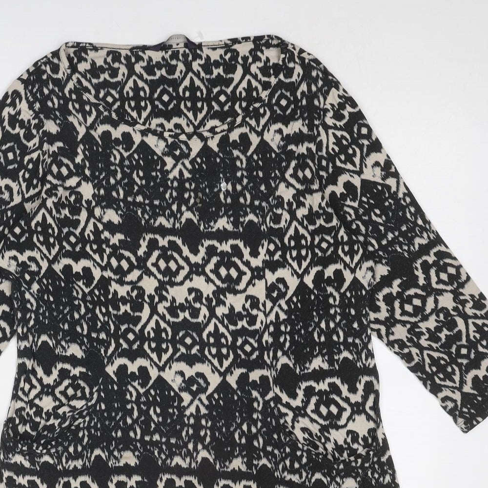Marks and Spencer Womens Black Geometric Viscose Tunic Blouse Size 12 Boat Neck