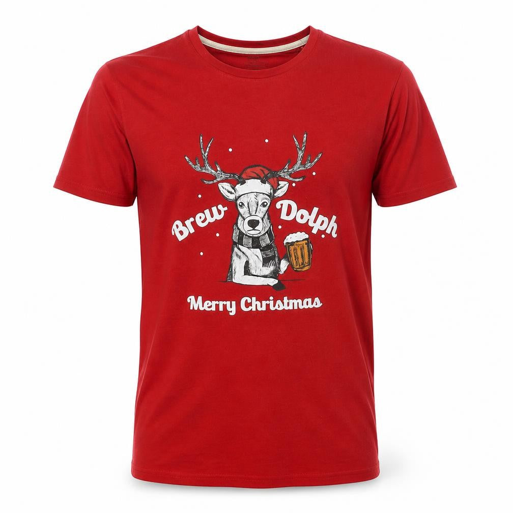 Marks & Spencer Mens Red Cotton T-Shirt Size S Round Neck - Merry Christmas Brew Dolph