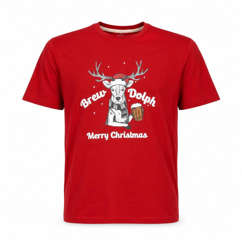 Marks & Spencer Mens Red Cotton T-Shirt Size S Round Neck - Merry Christmas Brew Dolph