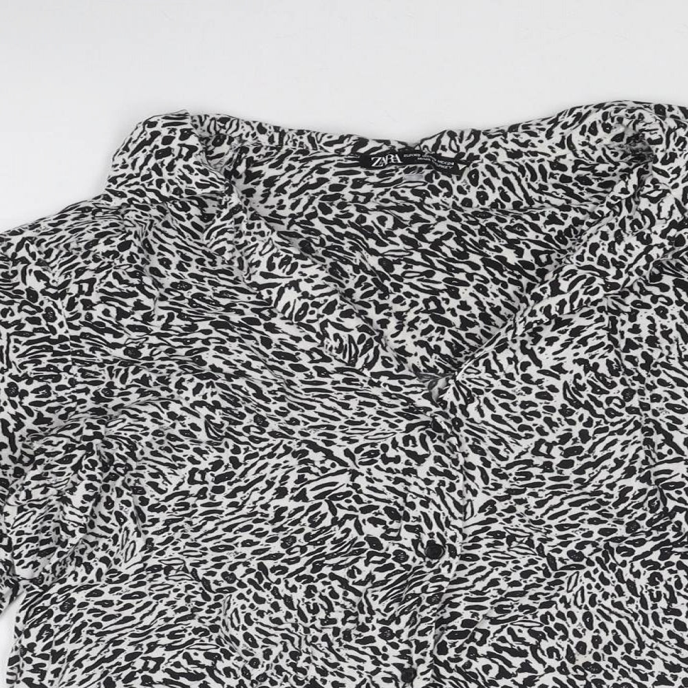 Zara Womens Black Animal Print Viscose Basic Button-Up Size XS Collared - Leopard Print