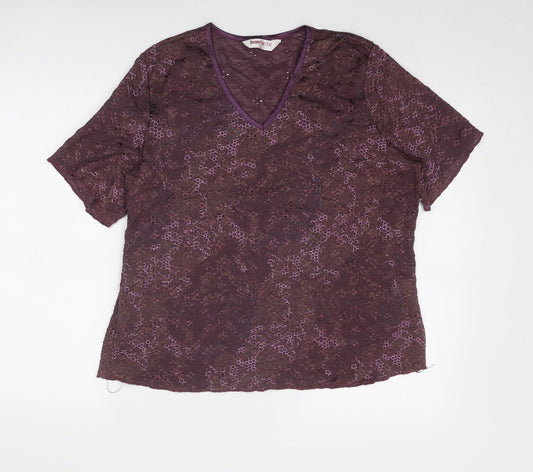 Bonmarché Womens Purple Geometric Nylon Basic Blouse Size L V-Neck - Net Detail