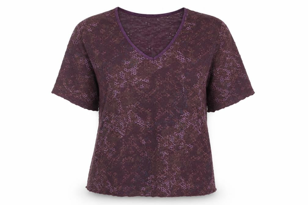 Bonmarché Womens Purple Geometric Nylon Basic Blouse Size L V-Neck - Net Detail