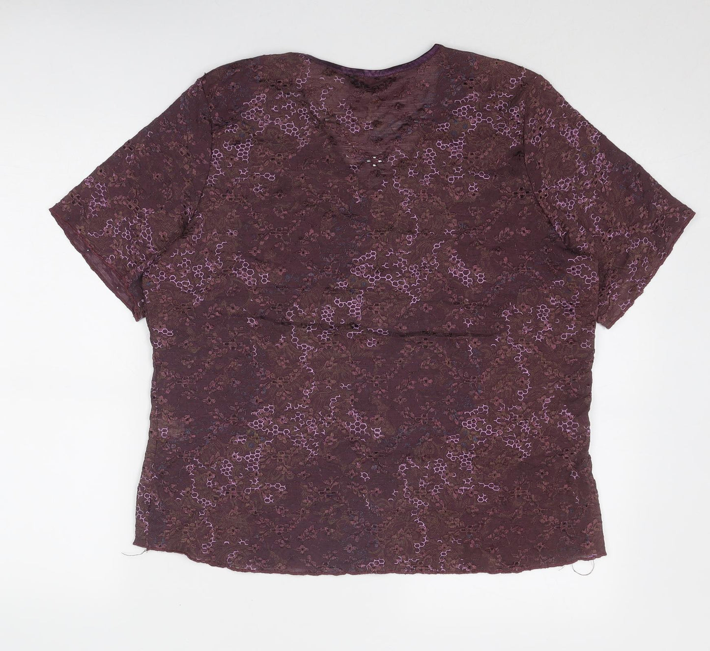 Bonmarché Womens Purple Geometric Nylon Basic Blouse Size L V-Neck - Net Detail