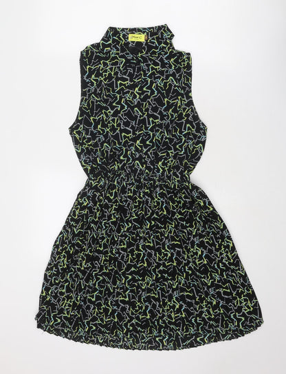 Max C Womens Black Geometric Polyester Shirt Dress Size M Collared Button