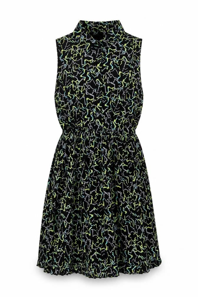 Max C Womens Black Geometric Polyester Shirt Dress Size M Collared Button