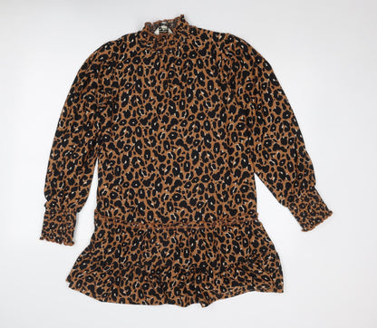 Additional front view of Miss Selfridge women’s brown animal print polyester a-line, mock neck pullover - leopard print