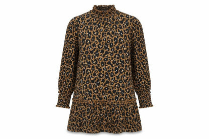 Front view of Miss Selfridge women’s brown animal print polyester a-line, size UK 12, mock neck pullover - leopard print