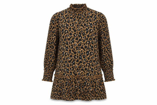Front view of Miss Selfridge women’s brown animal print polyester a-line, size UK 12, mock neck pullover - leopard print