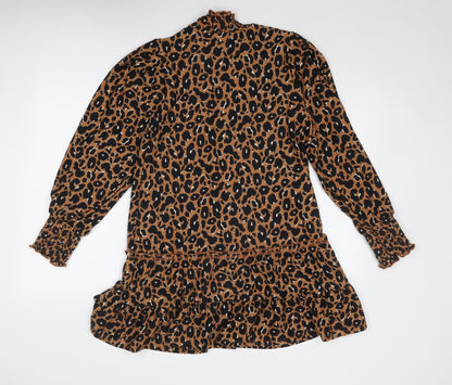 Back view of Miss Selfridge women’s brown animal print polyester a-line, size UK 12, mock neck pullover - leopard print