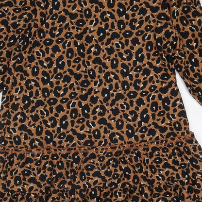 Brand and care label for Miss Selfridge women’s brown animal print polyester a-line, mock neck pullover - leopard print