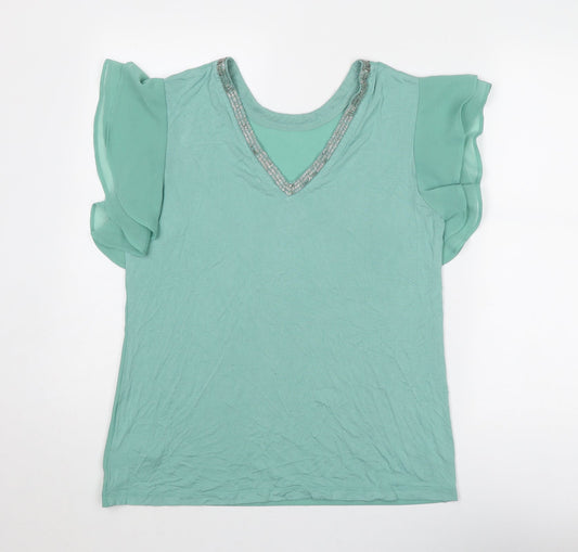 NEXT Womens Green Polyester Basic T-Shirt Size 10 V-Neck