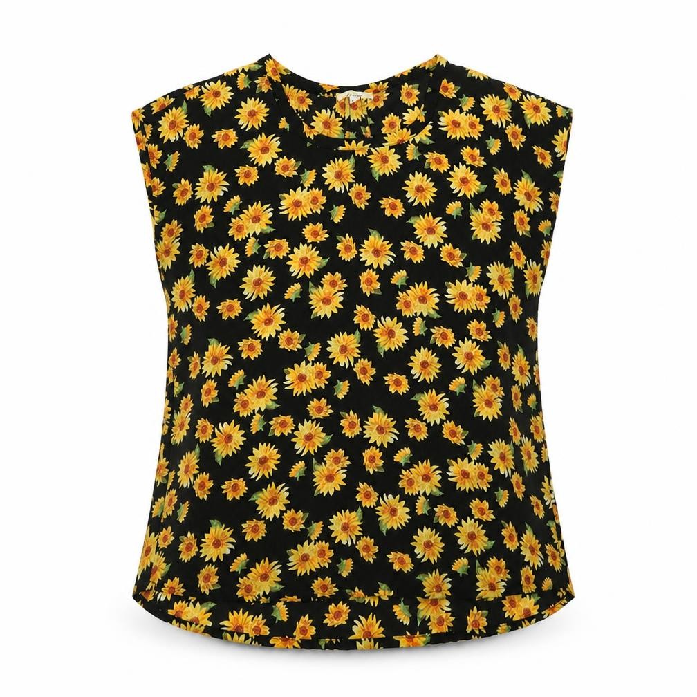 Pleione Womens Yellow Floral Polyester Basic Blouse Size S Boat Neck