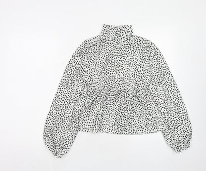 Additional front view of I SAW IT FIRST women’s white animal print polyester basic blouse, high neck - dalmatian print