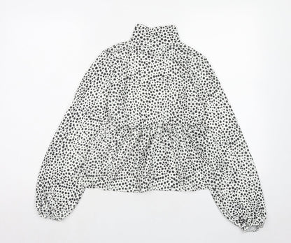 Back view of I SAW IT FIRST women’s white animal print polyester basic blouse, size UK 10, high neck - dalmatian print