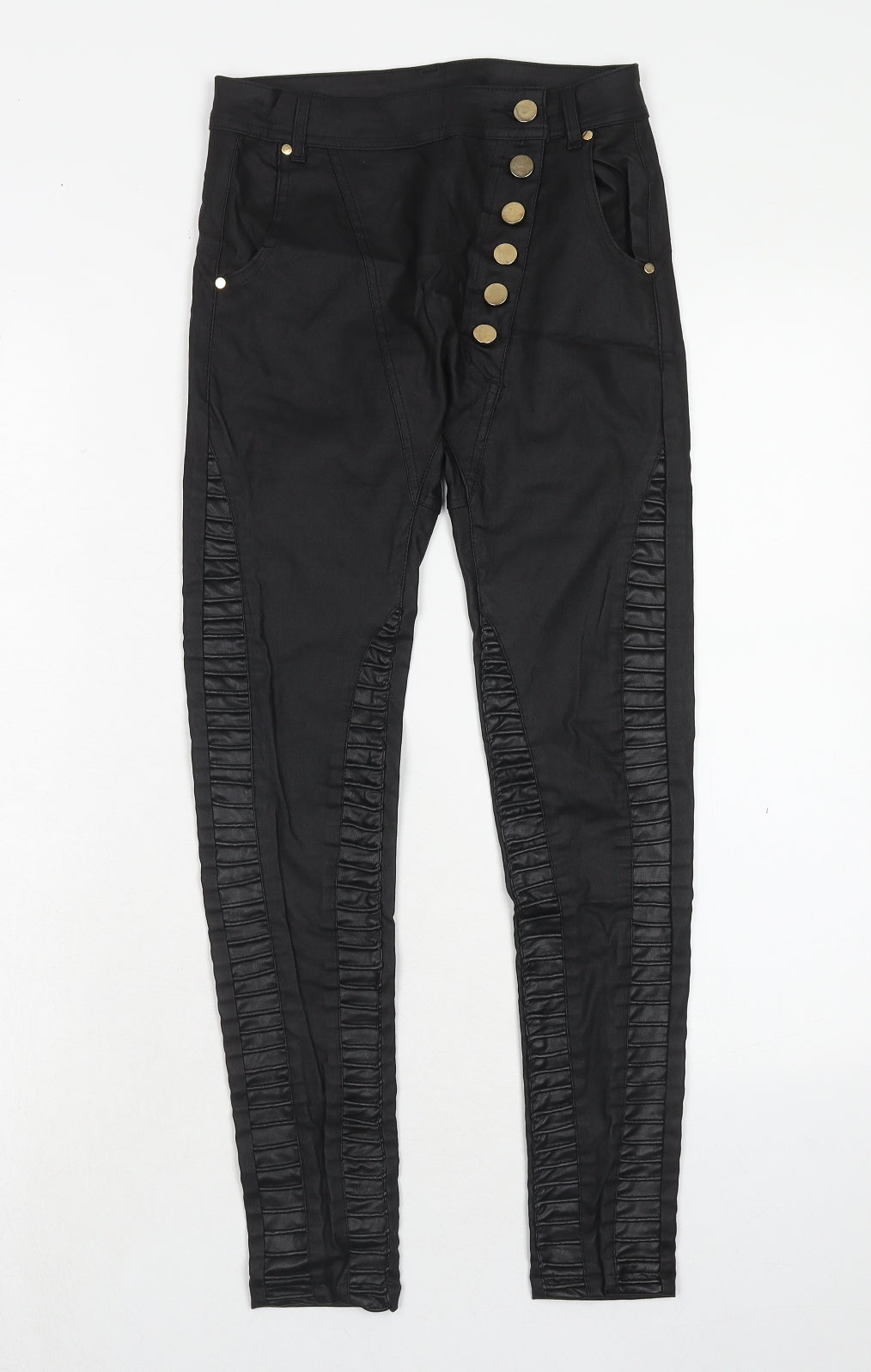 Emma & Ashley Design Womens Black Polyester Trousers Size S Regular Button - Leather Look