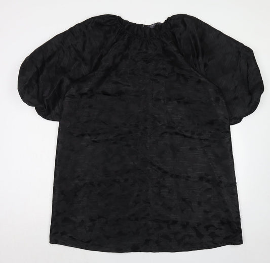 Marks and Spencer Womens Black Animal Print Polyester Trapeze & Swing Size 16 Boat Neck Button - Puff Sleeve