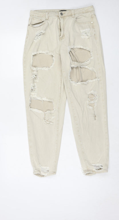 Additional front view of Missguided women’s beige cotton mom jeans, size UK 12, regular zip