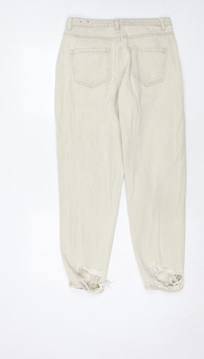 Back view of Missguided women’s beige cotton mom jeans, size UK 12, regular zip