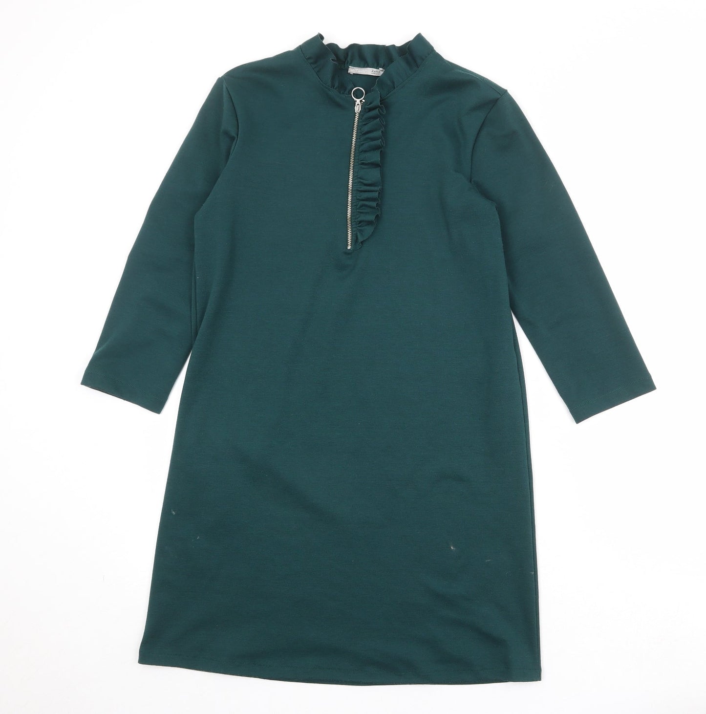 Zara Womens Green Polyester A-Line Size S Round Neck Zip