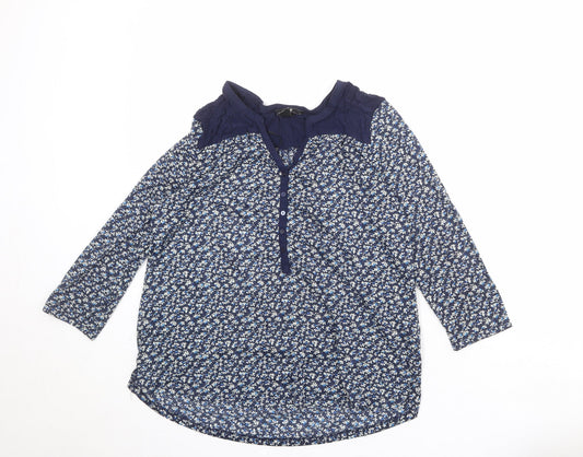 H&M Womens Blue Floral Polyester Basic Blouse Size M V-Neck