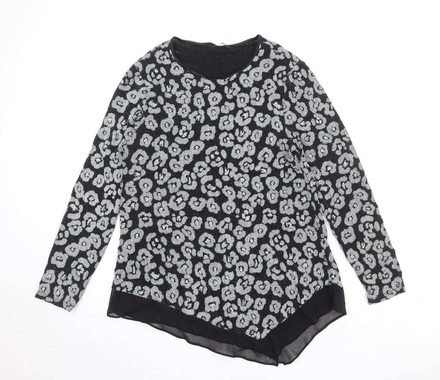 Roman Womens Black Animal Print Polyamide Basic Blouse Size 12 Boat Neck - Asymmetric