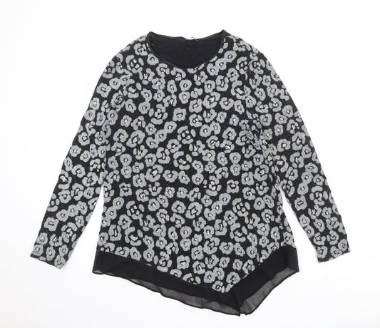 Roman Womens Black Animal Print Polyamide Basic Blouse Size 12 Boat Neck - Asymmetric