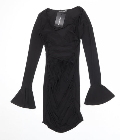 PRETTYLITTLETHING Womens Black Polyester Bodycon Size 4 V-Neck Pullover - Flute Sleeve