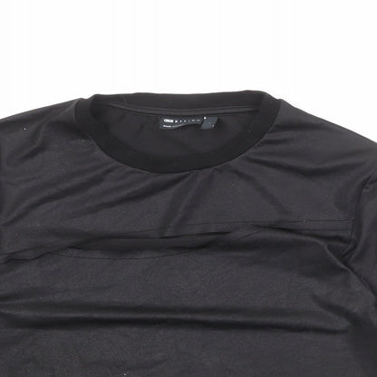 Close-up detail of ASOS women’s black polyester basic t-shirt, size S, round neck