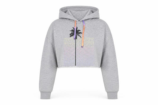 Front view of IVY PARK women’s grey polyester pullover hoodie, size S, pullover