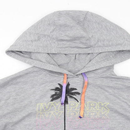 Close-up detail of IVY PARK women’s grey polyester pullover hoodie, size S, pullover