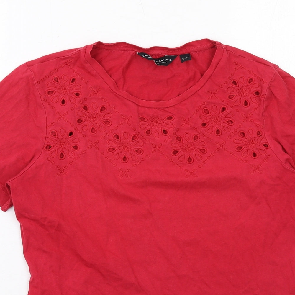 Dorothy Perkins Womens Red Cotton Basic T-Shirt Size 10 Round Neck - Broderie Anglaise
