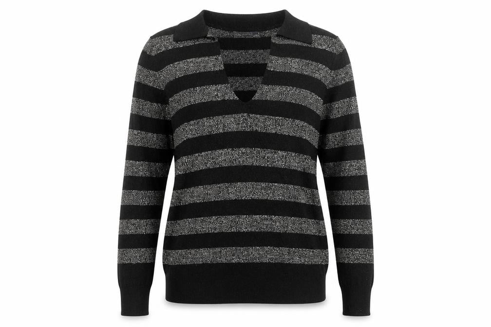 Marks & Spencer Womens Black V-Neck Striped Viscose Pullover Jumper Size S