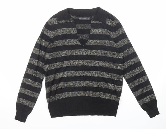 Marks and Spencer Womens Black V-Neck Striped Viscose Pullover Jumper Size S