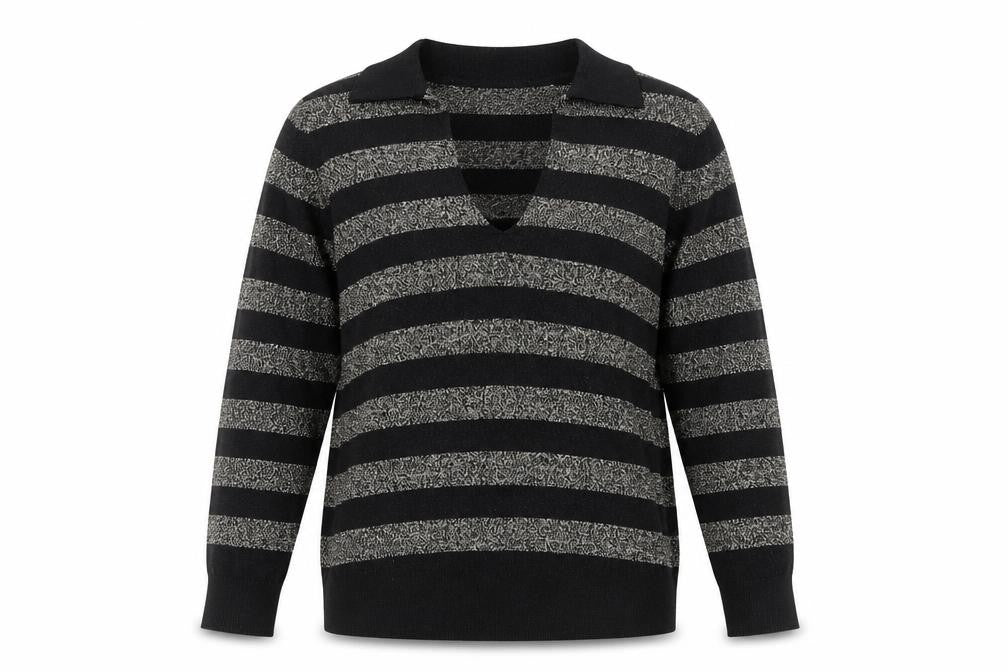 Marks & Spencer Womens Black V-Neck Striped Viscose Pullover Jumper Size S