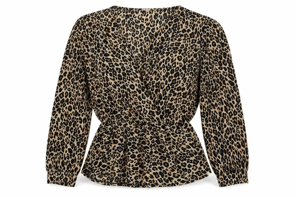Mira & Co Womens Beige Animal Print Polyester Basic Blouse Size L V-Neck - Leopard Print
