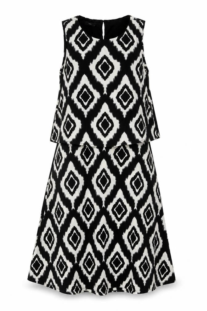 M&Co Womens Black Geometric Polyester Trapeze & Swing Size 12 Round Neck Button