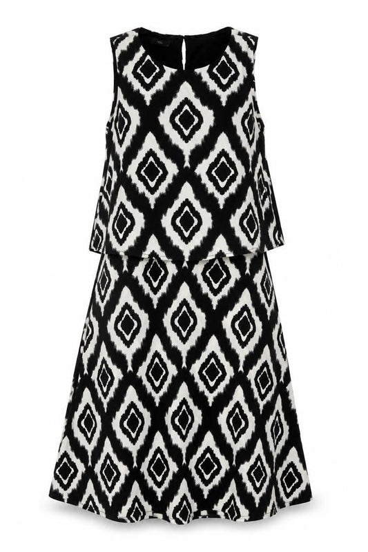 M&Co Womens Black Geometric Polyester Trapeze & Swing Size 12 Round Neck Button