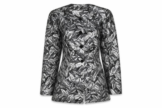 Front view of Principles women’s silver geometric jacket, size UK 12, button