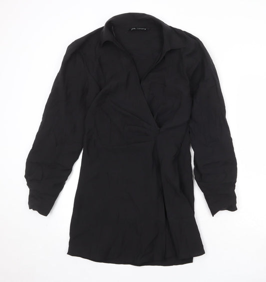 Zara Womens Black Polyester Shift Size M Collared Zip - Front Detail