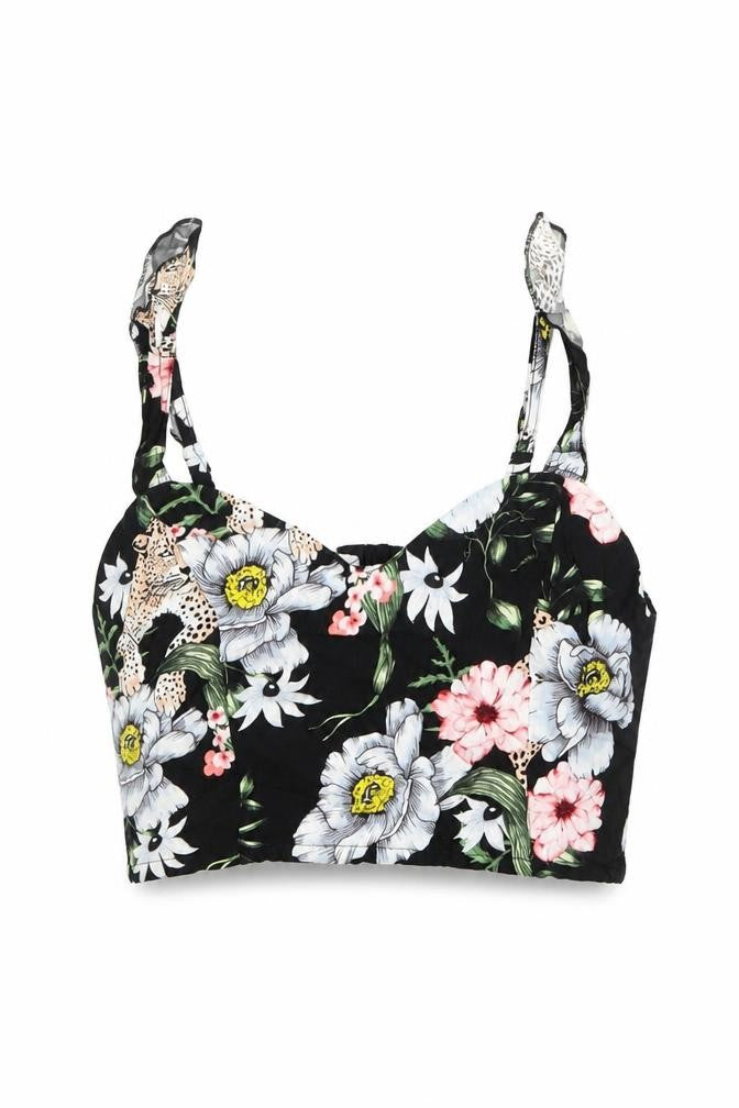 H&M Womens Black Floral Viscose Cropped Tank Size S V-Neck - Bralette