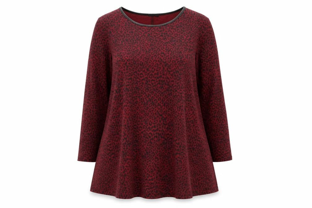 Styled By Womens Red Animal Print Polyester A-Line Size L Round Neck Pullover - Leopard Print